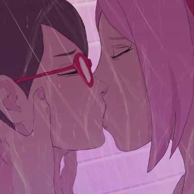 boruto: naruto next generations, naruto, naruto (series), sakura haruno, sarada uchiha, artist request, 2girls, black hair, closed eyes, female focus, french kiss, glasses, incest, kissing, mother and daughter