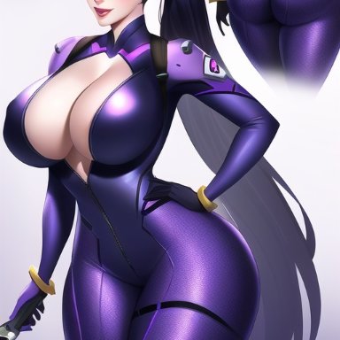 overwatch, widowmaker, nai diffusion, stable diffusion, cleavage, curvy, curvy figure, gigantic ass, hand on hip, huge ass, huge breasts, huge hips, latex, long hair, looking at viewer