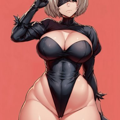 nier: automata, square enix, yorha 2b, oatmealdood, big breasts, breasts, curvy, thick thighs, thong leotard, ai generated