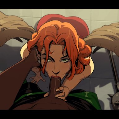 dc, dcau, justice league unlimited, green lantern, hawkgirl, john stewart, shayera hol, rhabarberei, blowjob, dark-skinned male, eye contact, partially clothed, penis, red hair, straight