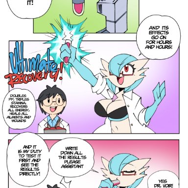 nintendo, pokemon, dr. voir, gardevoir, pokemon (species), shiny pokemon, saltyxodium, 1boy, 1girls, anthro, blue hair, breasts, female, female to futa, futanari transformation