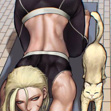 capcom, street fighter, street fighter 6, cammy white, ayaki777, alternate hairstyle, ass, biceps, big ass, blonde hair, cat, crop top, feline, female, looking at another