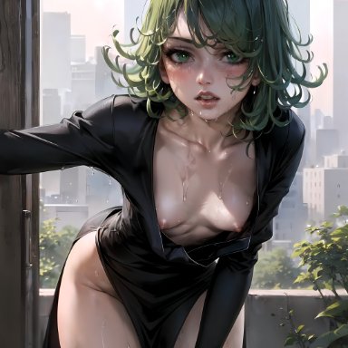 one-punch man, tatsumaki, stable diffusion, balcony, bending forward, city, cityscape, cute, cute face, detailed background, dress, exposed breasts, green eyes, green hair, open mouth