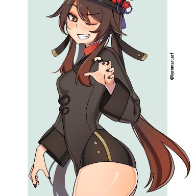 genshin impact, hu tao (genshin impact), kuromaruart, 1girls, ass, big ass, black nail polish, black nails, black shorts, blush, breasts, brown eyes, brown hair, eyeshadow, female