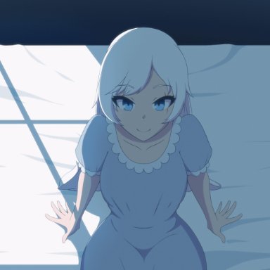 rwby, weiss schnee, dragon breath, ass, blue eyes, female only, hair down, legs behind head, legs up, nightgown, no panties, pussy, pyjama, scar, sole female