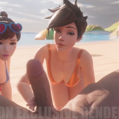 blizzard entertainment, overwatch, overwatch 2, d.va, hana song, lena oxton, tracer, threedust, 1boy, 2girls, asian female, beach, beach ball, beach umbrella, big penis