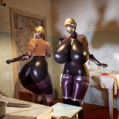 atomic heart, the twins (atomic heart), curvylonix, 2girls, android, ass, ass expansion, big ass, big breasts, big butt, blonde hair, breast expansion, breasts, butt, butt expansion