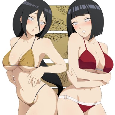 boruto: naruto next generations, naruto, naruto (series), hyuuga hanabi, hyuuga hinata, animanghayodraw, 2girls, adult, age difference, arms under breasts, bikini, breasts, brown hair, covering, covering self