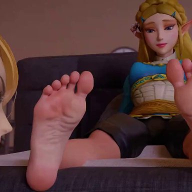 nintendo, the legend of zelda, princess zelda, samus aran, zelda (breath of the wild), dalliance18, 2girls, bare feet, barefoot, blonde hair, blush, breasts, compressed, enjoying, feet