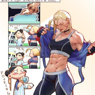 capcom, street fighter, street fighter 6, cammy white, chun-li, 2girls, abs, aroused, asian, asian female, biceps, black hair, blonde hair, blush, bottle