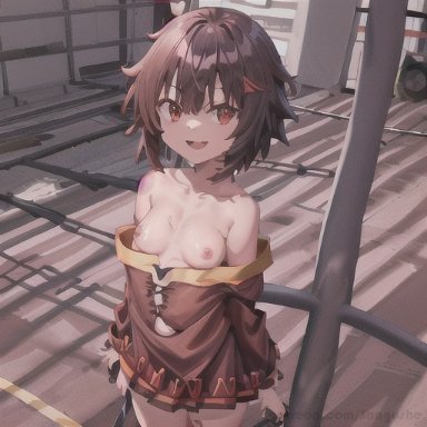 megumin, anime style, breasts, brown hair, clothed female, female, no bra, public nudity, red eyes, sangushe, small tits, smaller female, anime, manga