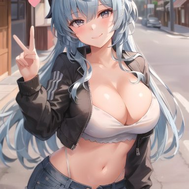 genshin impact, ganyu (genshin impact), ahoge, avaiart, bangs, blurry, blush, breasts, cleavage, clothing, cropped jacket, denim, denim shorts, female, heart