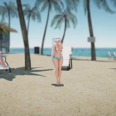 rwby, weiss schnee, willow schnee, jic jic, 2girls, ass, ass cleavage, ass focus, ass shake, beach, beach chair, bikini, bikini top aside, blue eyes, breasts