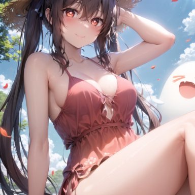 genshin impact, hu tao (genshin impact), stable diffusion, 1girls, alternate breast size, beach, blush, breasts, brown eyes, brown hair, dress, female, hat, large hat, light-skinned female