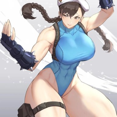 capcom, street fighter, cammy white, cammy white (cosplay), chun-li, anagumasan, 1girls, abs, armpit crease, beret, biceps, blue leotard, bracelet, brown eyes, brown hair