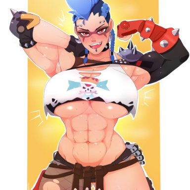 overwatch, overwatch 2, junker queen, nonamoth, 1girls, abs, biceps, blue hair, braid, facial piercing, female, female only, huge breasts, muscular, muscular female