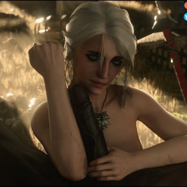 cd projekt red, the witcher (series), ciri, tomoganim, 1boy, 1girls, comparing, comparing penis, dark-skinned male, dark skin, female, female focus, forearm cock, interracial, light-skinned female