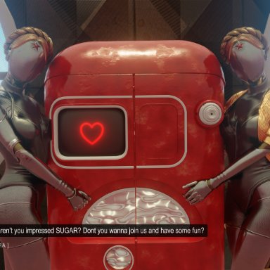 atomic heart, left (atomic heart), nora (atomic heart), right (atomic heart), the twins (atomic heart), silthy, ballerina, fridge, legs, metallic body, robot, robot girl, robot humanoid, thighs, 3d