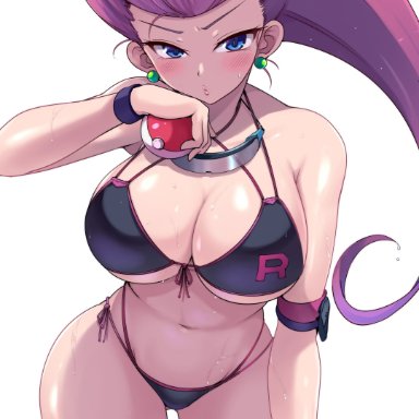 nintendo, pokemon, pokemon (anime), jessie (pokemon), team rocket, kasai shin, 1girls, bikini, black bikini, blue eyes, breasts, female, hips, large breasts, leaning forward