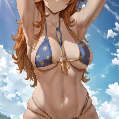 one piece, nami, 1girls, armpits, arms behind head, beach, big breasts, bikini, blush, brown eyes, busty, child bearing hips, female, female only, large breasts