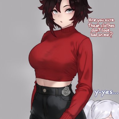 rwby, ruby rose, weiss schnee, bluefield, 2girls, ahoge, big breasts, black hair, black shorts, crop top, gradient hair, grey background, high-waist shorts, hips, long sleeves