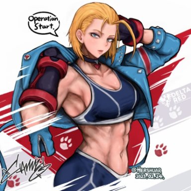 capcom, street fighter, street fighter 6, cammy white, hershuar, abs, blonde hair, blue jacket, breasts, choker, crop top, cropped jacket, cropped torso, female, fingerless gloves