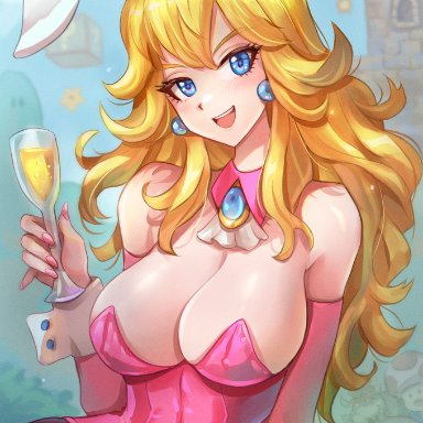 mario (series), nintendo, super mario bros., bowser, mario, princess peach, toad (mario), jammeryx, 1girls, alcohol, animal ears, bangs, bare shoulders, big breasts, blonde hair