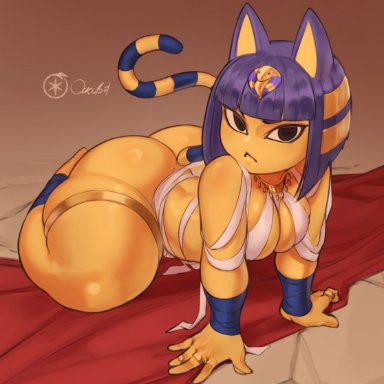 animal crossing, nintendo, ankha, ankha (animal crossing), ourobot, 1girls, ass, big ass, blue eyes, blue hair, curvaceous, egyptian clothes, feline, feline humanoid, female