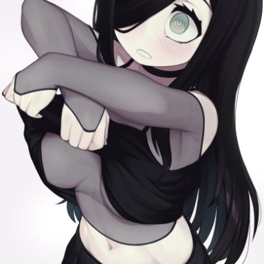 original, aria (parororo), original character, yoako, 1girls, black hair, breasts, choker, female, goth, goth girl, green eyes, hair over one eye, hypnosis, midriff