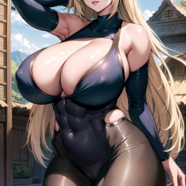 naruto, naruto (series), naruto shippuden, tsunade, nai diffusion, stable diffusion, 1girls, big breasts, blonde hair, bodysuit, breasts, breasts bigger than head, brown eyes, busty, cameltoe