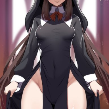 genshin impact, hu tao (genshin impact), hinghoi, 1girls, breasts, brown eyes, brown hair, female, hips, light-skinned female, light skin, long hair, medium breasts, naughty face, nun