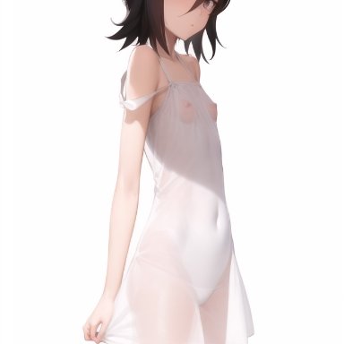 bleach, kuchiki rukia, nai diffusion, stable diffusion, 1girls, black hair, dress, embarrassed, female, female only, gown, nipples, nipples visible through clothing, off shoulder, petite