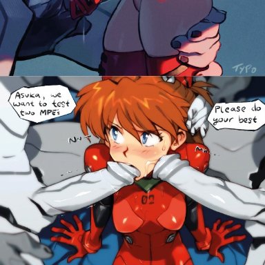 end of evangelion, neon genesis evangelion, asuka langley sohryu, mass production eva, optionaltypo, typo (requiemdusk), 2boys, bent over, blue eyes, blue skirt, blush, bukkake, clothed sex, clothes pull, clothing