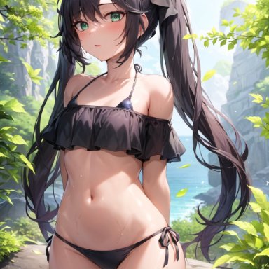 genshin impact, mona (genshin impact), stable diffusion, 1girls, beach, bikini, black bikini, black hair, breasts, female, green eyes, light-skinned female, light skin, long hair, medium breasts