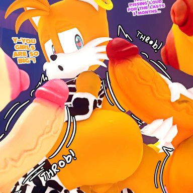 sega, sonic (series), sonic the hedgehog (series), amy rose, miles prower, rouge the bat, tails, tails the fox, leviantan581re, 1boy, 2futas, anthro, armwear, ass, bat