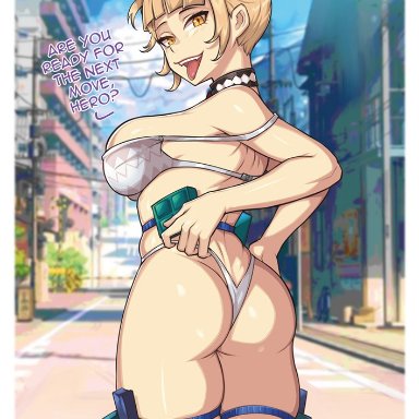 my hero academia, himiko toga, redjet, 1girls, areolae, blonde hair, blush, choker, double bun, eye contact, female, female only, fishnet stockings, light skin, looking at viewer