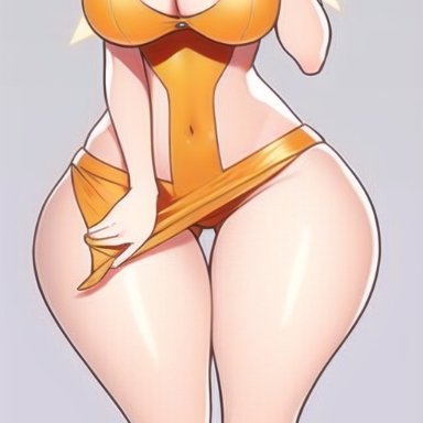 overwatch, mercy, nai diffusion, stable diffusion, blonde hair, blue eyes, curvy, curvy figure, dress, gigantic ass, glowing wings, hand on breast, hand on cloth, high heels, huge ass