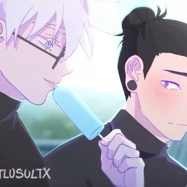 jujutsu kaisen, satoru gojo, suguru geto, xtlusultx, 2boys, albino, black hair, blush, canon couple, cuntboy, fantasizing, gay, glasses, ice cream, imagination