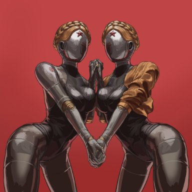 atomic heart, left (atomic heart), right (atomic heart), the twins (atomic heart), mrok930208, 2girls, ass, big ass, big breasts, big butt, big thighs, blonde hair, braided hair, breasts, busty