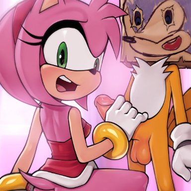 sonic (series), sonic the hedgehog (series), amy rose, tails, tails the fox, loodncrood, 1boy, 1girls, gloved handjob, handjob