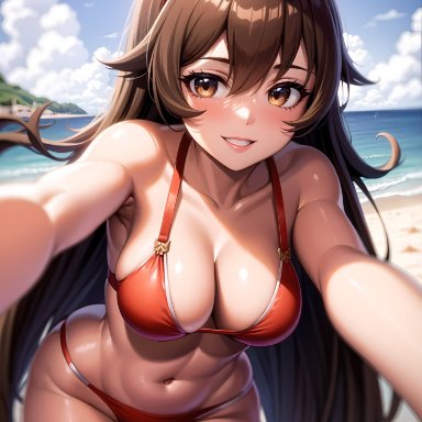 genshin impact, amber (genshin impact), stable diffusion, 1girls, bikini, brown hair, curvaceous, curvy, curvy body, curvy female, curvy figure, long hair, red bikini, seductive eyes, seductive look