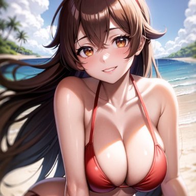 genshin impact, amber (genshin impact), stable diffusion, 1girls, bikini, brown hair, curvaceous, curvy, curvy body, curvy female, curvy figure, long hair, seductive look, voluptuous, voluptuous female