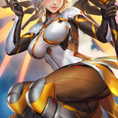 overwatch, mercy, neoartcore, nudtawut thongmai, blonde, large breasts, looking at viewer, thick thighs, wings