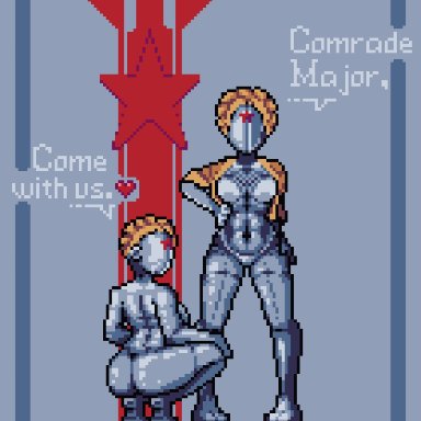 atomic heart, the twins (atomic heart), 2girls, big ass, big breasts, gold (metal, long legs, robot, robot girl, squatting, thick ass, thick thighs, wide hips, pixel art