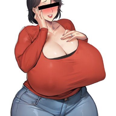 original, kisuu, black hair, blush, breasts, censored eyes, cleavage, curvy, huge breasts, jeans, lipstick, mature female, milf, mole, plump