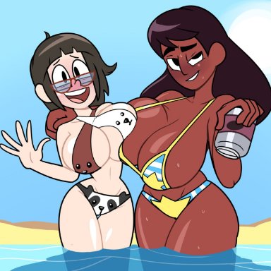 cartoon network, steven universe, we bare bears, chloe park, connie maheswaran, superspoe, 2girls, aged up, arm around shoulders, beach, bikini, black hair, blush, breast squish, chocolate and vanilla