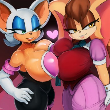 sega, sonic (series), sonic the hedgehog (series), rouge the bat, vanilla the rabbit, cranihum, 2girls, bat, bedroom eyes, big breasts, bodysuit, breast press, breasts, busty, chiropteran