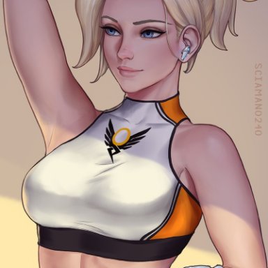 overwatch, angela ziegler, mercy, sciamano240, arm up, armpit peek, bare arms, bare shoulders, blonde hair, blue eyes, bra, breasts, closed mouth, covered collarbone, digital media player