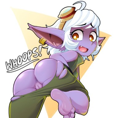 league of legends, riot games, tristana, yordle, delicioussoup, 1girls, anus, ass, barefoot, big ass, clothing, ear piercing, earrings, feet, female