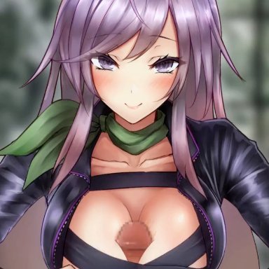 touhou, hijiri byakuren, akehi yuki, 1boy, 1girls, biker clothes, blurry background, breasts, cum, cum in cleavage, cumshot, cumshot in chest, dark-skinned male, dark skin, ejaculation